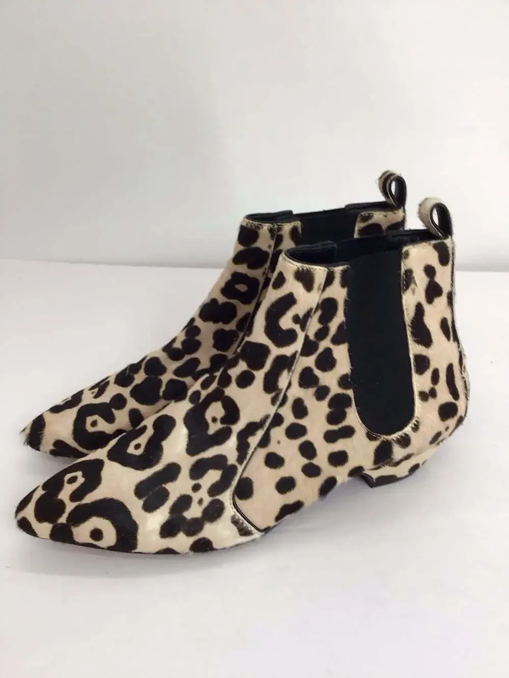 Linea Paolo Leopard Print Calf Hair Pointed Toe Chelsea Ankle Boots Womens 7M
